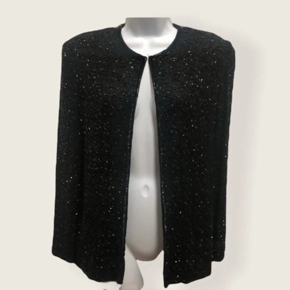 Laurence Kazar Vintage 1980s Silk Black Beaded Sequin Cardigan Jacket Small - Picture 1 of 15